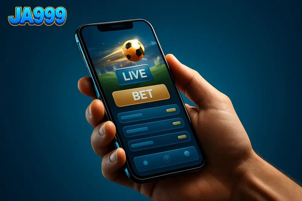 JA999 app โ a hand holding a phone with a live sports betting screen JA999 app โ a hand holding a phone with a live sports betting screen