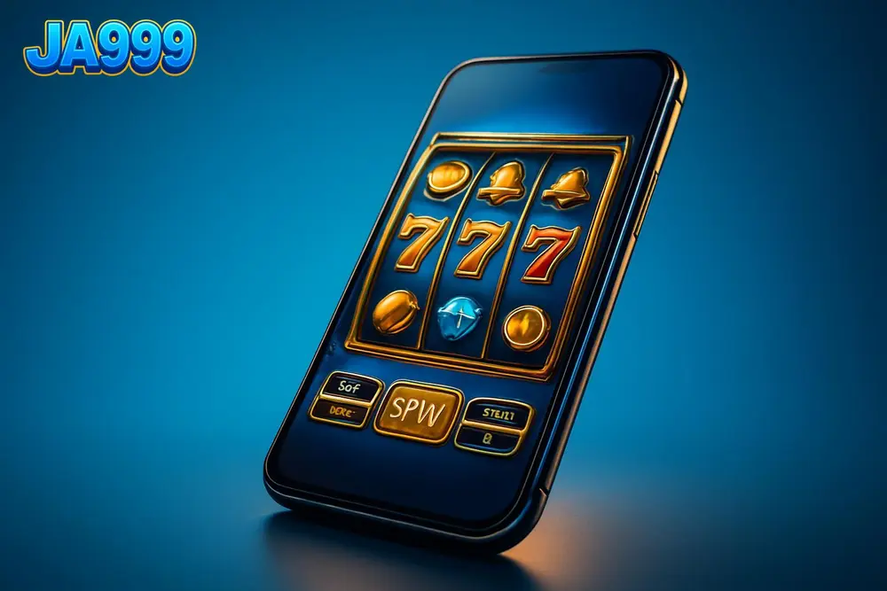 JA999 app โ a smartphone showing a glowing online casino slot game app JA999 app โ a smartphone showing a glowing online casino slot game app