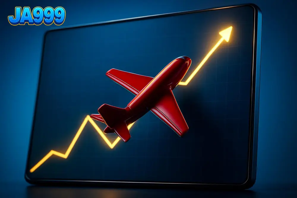 JA999 Aviator game โ a red airplane icon rising on a glowing multiplier graph screen JA999 Aviator game โ a red airplane icon rising on a glowing multiplier graph screen