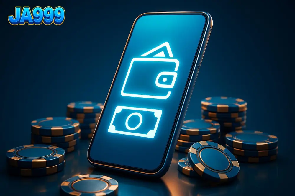 JA999 bKash deposit — a glowing smartphone with mobile-wallet icons surrounded by poker chips