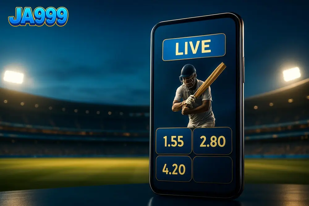 JA999 cricket betting — a smartphone showing live cricket odds beside a stadium in the background
