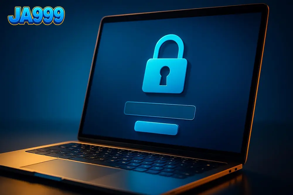 JA999 Login — a laptop showing a secure sign-in page with a blue lock icon