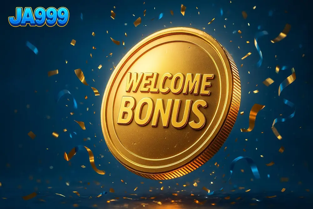 JA999 signup bonus — a giant glowing welcome-bonus coin burst with confetti